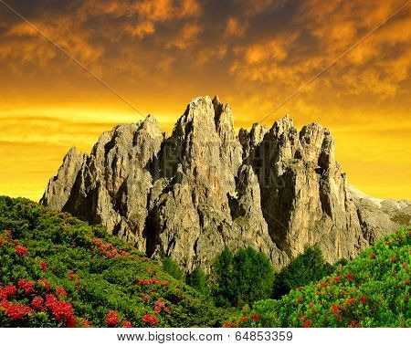 Dolomite peaks, Rosengarten in the sunset,Val di Fassa, Italy Alps
