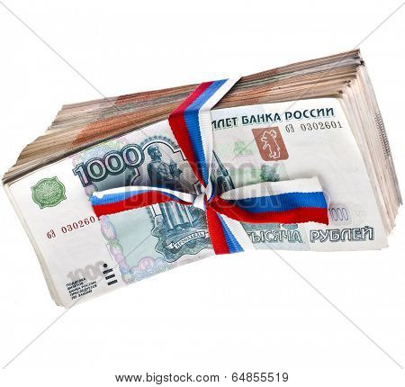 Heap of One Million Banknotes Rubles of the Russian Federation wrapping Ribbon flag tape - isolated on white background