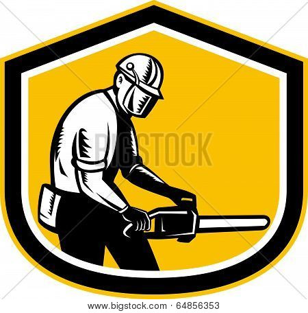 Lumberjack Operating Chainsaw Shield Retro