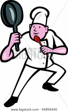 Chef Cook Holding Frying Pan Kung Fu Stance Cartoon