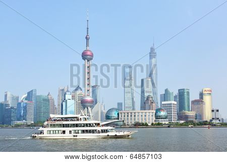 SHANGHAI, CHINA - APRIL 14, 2014: Panoramic view of Huangpu river and Pudong New Area