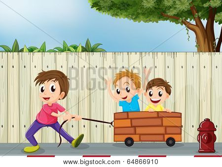 Illustration of the three boys playing near the wooden wall
