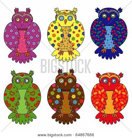 Set Of Six Stylized Owls