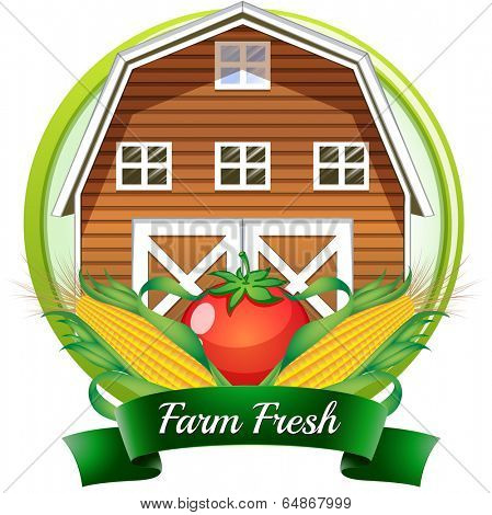 Illustration of a farm fresh label with a brown barnhouse, a tomato and corns on a white background