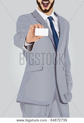 Excited businessman showing business card