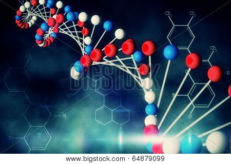 Digitally generated blue DNA strand with chemical structures