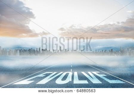 The word evolve against large city on the horizon