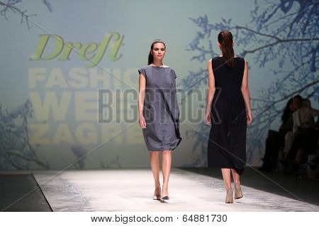ZAGREB, CROATIA - MAY 09: Fashion model wearing clothes designed by Iva Karacic on the Zagreb Fashion Week on May 09, 2014 in Zagreb, Croatia.