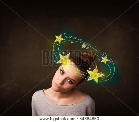 Young girl with yellow stars circleing around her head illustration