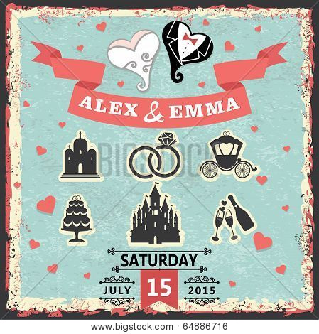 Vintage Invitation With Stylized Heart And Wedding Items