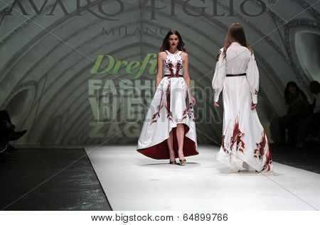 ZAGREB, CROATIA - MAY 09: Fashion model wearing clothes designed by Avaro Figlio on the Zagreb Fashion Week on May 09, 2014 in Zagreb, Croatia.