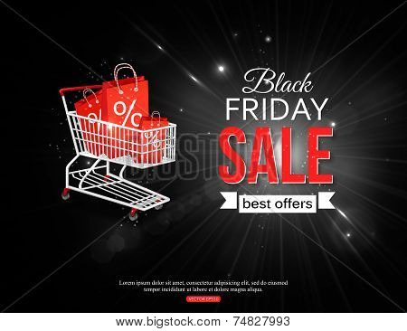 Black friday sale shining background with photorealistic shopping cart and place for text. Vector il