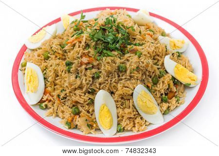 English-style breakfast kedgeree, a meal of rice, smoked fish, eggs and vegetables.