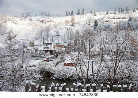 Winter day in the Village, Carpathian Mountains. Vorokhta, Ukraine