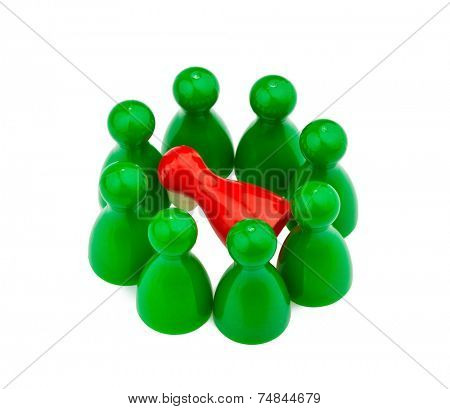 red and green characters. bullying, loneliness and outsider in the team.