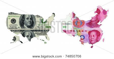 Maps Of Usa And China Shaped By Paper Currency
