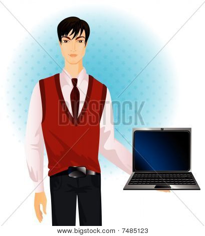 man showing notebook for advertising
