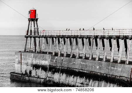 Scenic View Of Whitby Pier In Autumn Sunny  Day
