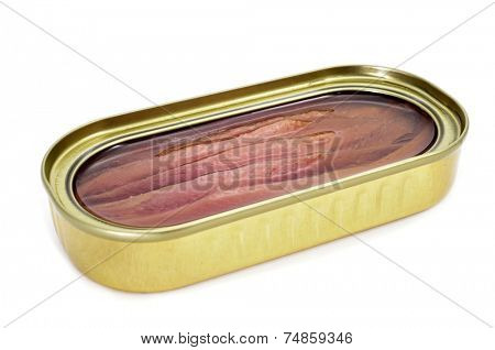 an open can of anchovies on a white background