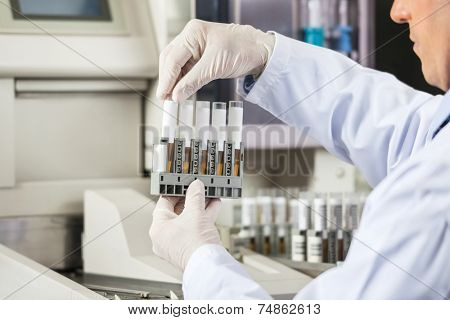 Midsection of male researcher analyzing urine samples in medical laboratory