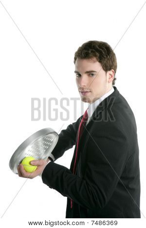 Businessman Tie Suit Holding Paddle Tennis Racket