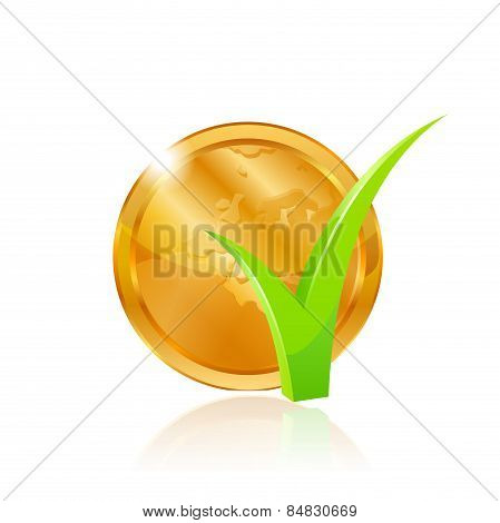 Coin and green check mark.