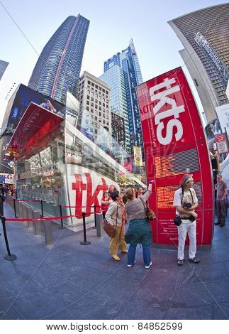 NEW YORK - SEPT 22: Famous cheap tickets (tkts) booth for Broadway theater tickets in Times Square on September 22nd, 2013 in Manhattan, New York. 