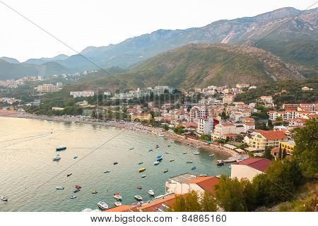 Montenegro, Rafailovici. Sunset view on sea beach
