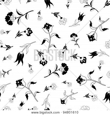 Vector Black White Vintage Field Flowers Seamless Pattern
