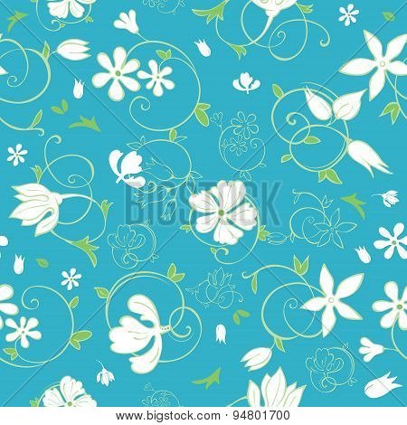 Vector Blue Green White Spring Florals Seamless Pattern