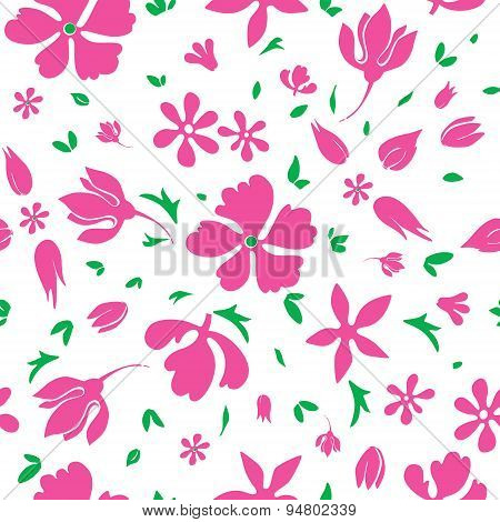 Vector Magenta Flowers Silhouettes Seamless Pattern
