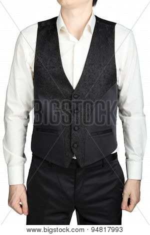 Black Patterned Vest Wedding Suit Bridegroom Isolated On White Background.