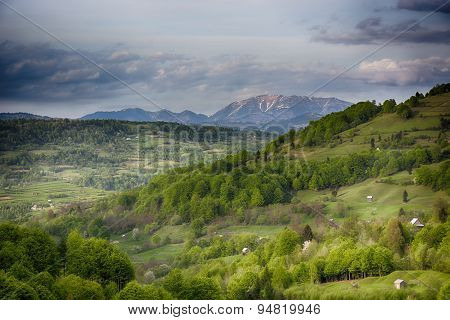 Pale of light. Morning on mountain hills. Holbav
