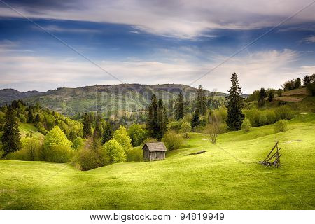 Pale of light. Morning on mountain hills. Holbav
