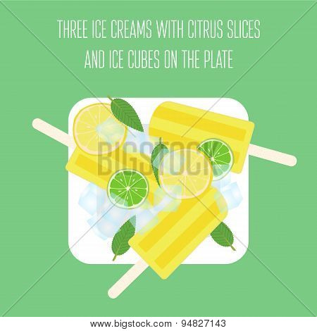 Ice creams (popsicles) with mint leaves, citrus slices and ice cubes