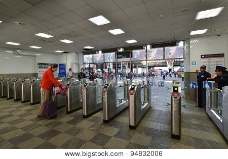 Moscow, Russia - 17.06.2015. Turnstiles At The Entrance To  Commuter Train In Kursk Station