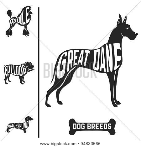 Isolated dog breed silhouettes set with names of breeds inside on white baclground.