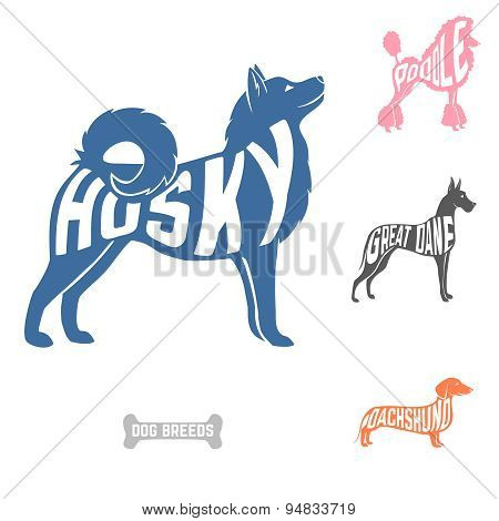 Isolated dog breed silhouettes set with names of breeds inside on white baclground.