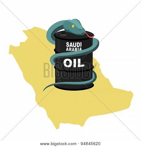 Barrel oil in Saudi Arabia map background. Snake around  barrel. Vector illustration. Reptile in des
