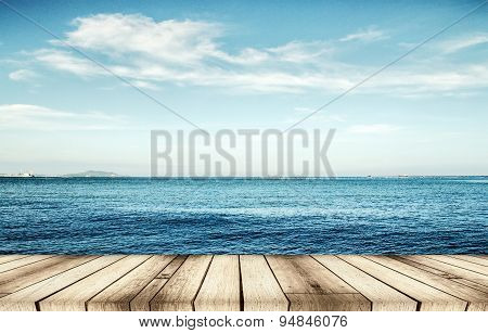 Wood, Blue Sea And Sky Background