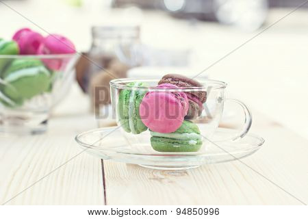 Colorful traditional French Makarons on   the table