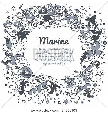 Cartoon graphic border with marine elements