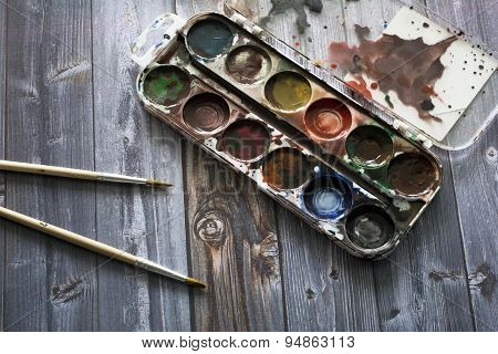Old Watercolor Paints And Brushes