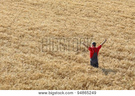 Agricultural Scene, Happy Farmer In Wheat Field