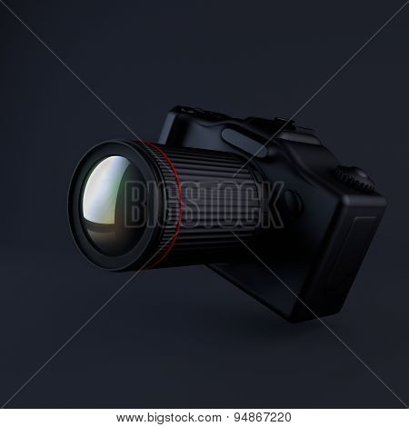 Simple photo camera on the dark background. Render