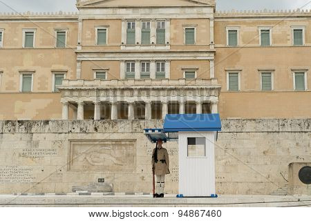 Athens, Greece, 30 May 2015. Evzone standing in position guarding the parliament of Greece.
