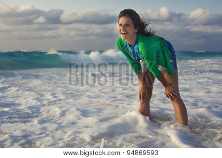 Portrait of a cute girl in denim shorts
