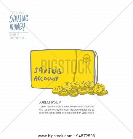 Book Bank And Pile Of Coins. Drawing Paint Flat Vector.