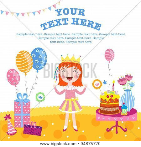 Little funny princess smiling and happy gifts. Happy birthday background. Happy birthday elements. Balloons and birthday cake. Surprize. Smiling girl on her birthday. Happy birthday concept. Happy birthday vector illustration.