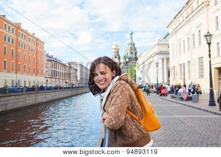 Happy Girl Tourist In Saint Petersburg
